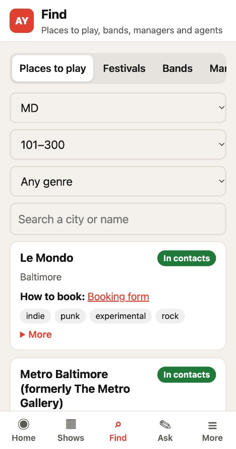 The BNDMNGR app: Find places to play