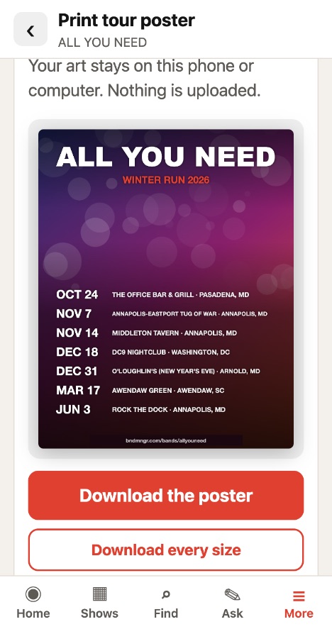The BNDMNGR app: Print your tour poster